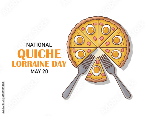 National Quiche Lorraine Day celebration slice with fork isolated on background.