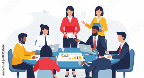 Diverse team collaborates around a table, analyzing charts and using laptops