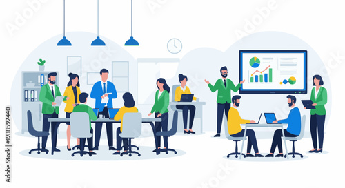 Diverse professionals collaborate in a modern office setting, discussing data on a large screen