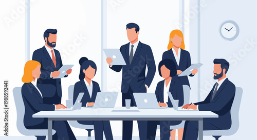 Diverse professionals in a meeting room, collaborating around a table