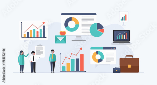 Business team analyzes financial data with charts, graphs, and reports
