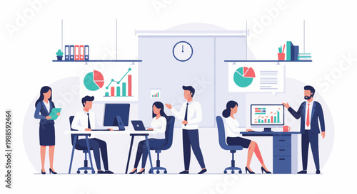 Business professionals collaborating in an office setting, analyzing data and charts for strategic decision-making