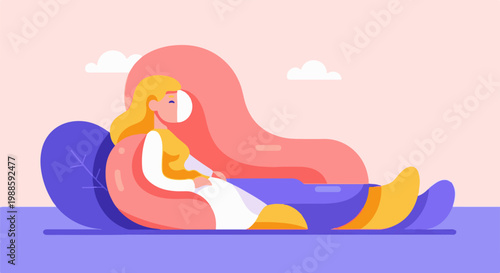 A stylized woman with blonde hair reclines on a vibrant, abstract landscape, with soft clouds in the sky