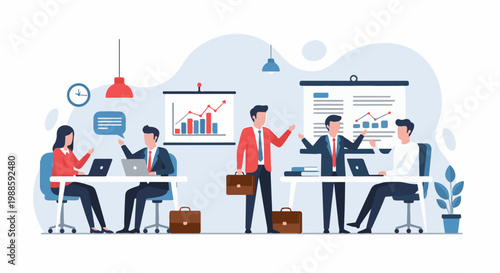 Business meeting with charts and people discussing work