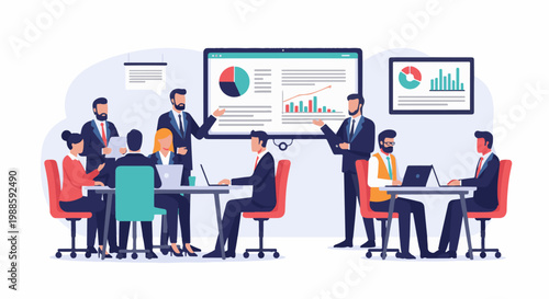 A diverse team collaborates around tables and a large screen presenting business data