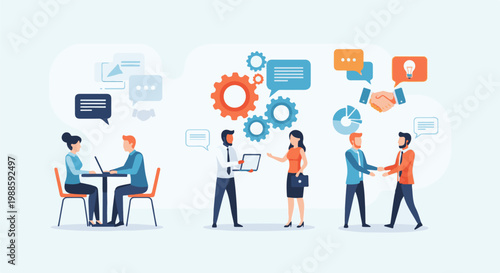 Teamwork and collaboration illustration with diverse professionals engaging in discussions and partnerships