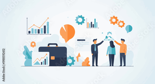 Business professionals collaborating on growth strategies with data charts, gears, and a briefcase