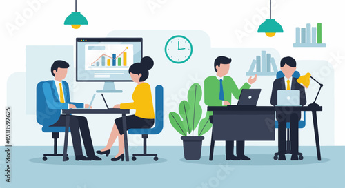 Business team collaborating around desks in a modern office space with charts