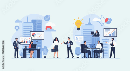 Business team collaborates in a modern office with data visualizations and a bright idea bulb