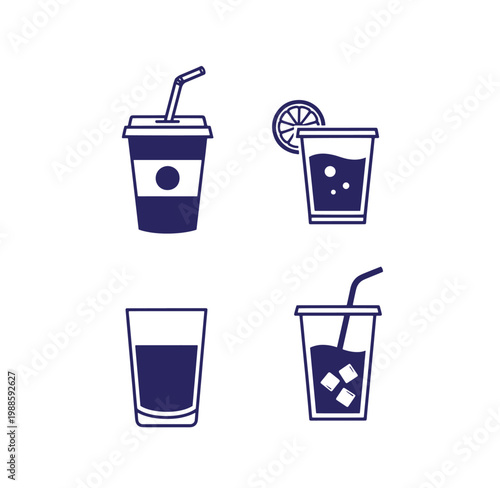 Four different beverage icons including soda cups with ice and straws  isolated on white