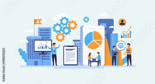 Diverse team collaborates on a city skyline backdrop, analyzing charts and gears