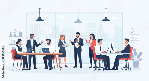 Diverse professionals collaborate in a modern office space, discussing projects at desks