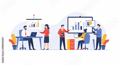 Colleagues collaborate on a project, analyzing charts and graphs in a modern office setting