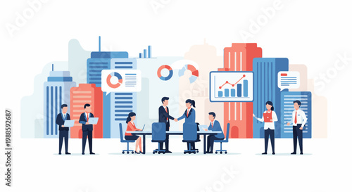 Colleagues collaborate and shake hands amidst city skyscrapers and data charts