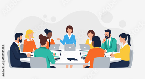 Diverse group in a meeting, collaborating with laptops and a presenter