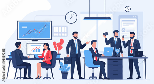 Business professionals collaborate in a modern office setting with data visualization screens