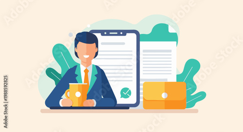 Professional person in suit with coffee and documents, conceptual illustration
