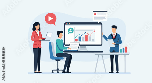 Team collaborates on data analysis and presentation at an office desk