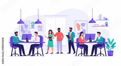 Diverse group of professionals collaborate in a modern office setting, utilizing computers and discussing tasks