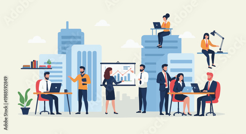 Office workers collaborate amidst city buildings, presenting data and working on laptops