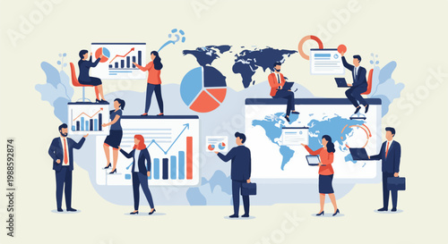 Diverse professionals collaborate globally, analyzing charts and world maps on digital displays for business growth