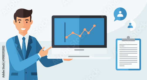 Man in suit presents data on a laptop screen with a chart and clipboard