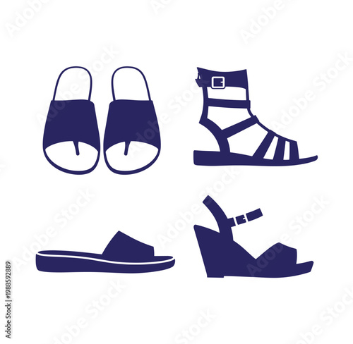 Four different types of shoes and sandals for men and women  footwear collection