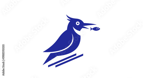 Minimalist blue kingfisher bird silhouette catching a fish