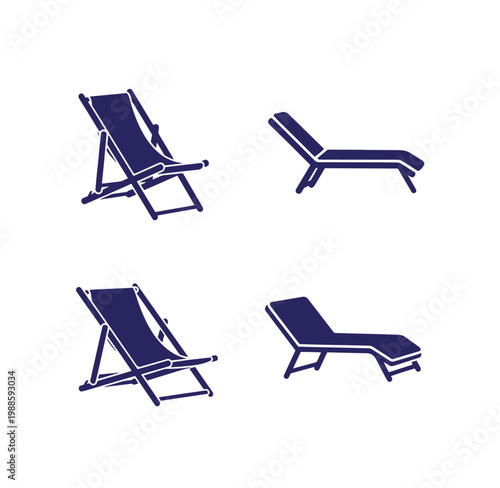 Four navy blue beach chair icons in different positions side view reclined  beach furniture