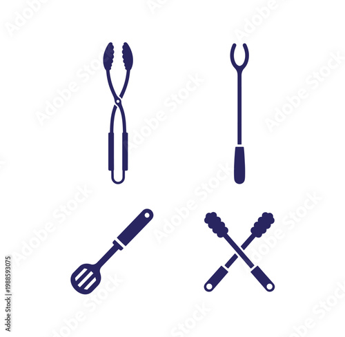 Four navy blue barbecue utensils on white background  tongs fork spatula