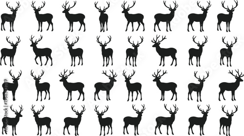 Vector illustration of deer silhouettes with antlers arranged in grid for wildlife design