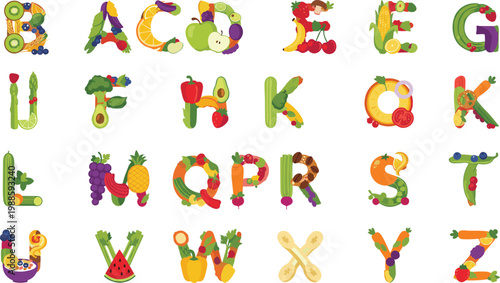 Vector illustration of English alphabet letters formed with fruits and vegetables in food design