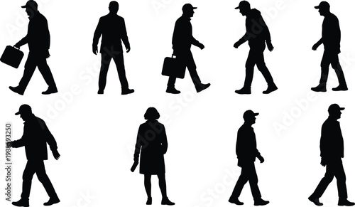 Walking people silhouette set, man carrying briefcase, woman standing, pedestrian commuter group, business traveler with cap, urban street crowd vector.