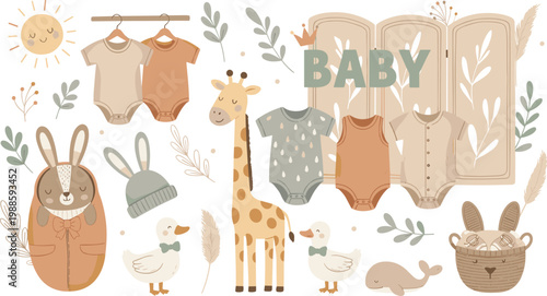 Vector illustration of baby clothing, animals and nursery elements in pastel colors for playful design