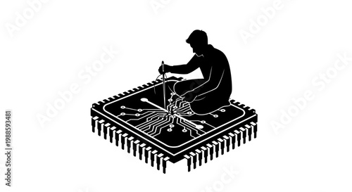 Man repairing a computer microchip.