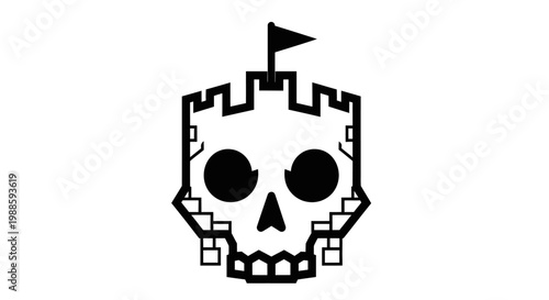 Minimalist black skull castle logo icon on white background