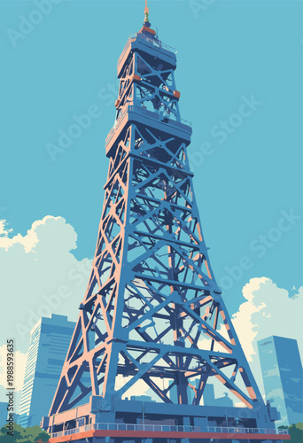 Osaka flat highlighting striking, crosshatched steel exoskeleton Umeda Sky Building steel acts as massive geometric frame surrounding perfectly blank blue sky No text