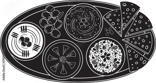 Meze Platter with Hummus, Olives, Pita Bread and Black and White Vector Illustration Top View