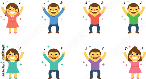 Vector illustration of cartoon characters dancing and singing with musical notes and sparkles in joyful design