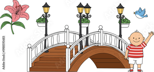 Vector illustration of cartoon child waving near wooden bridge with flowers and bird in cheerful design