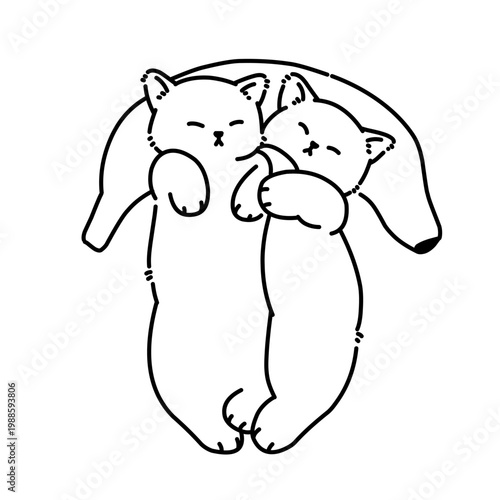 Two cute cats cuddling and sleeping peacefully on a banana-shaped cushion. Adorable pet illustration.