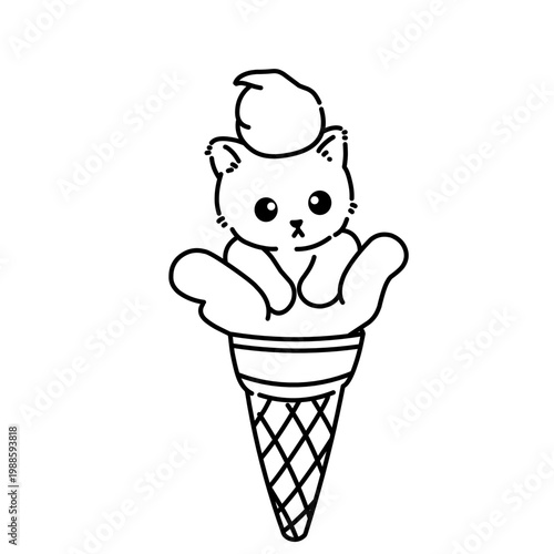 Minimal line art kitten in ice cream cone, cute and playful cartoon illustration in black outline style isolated on white background.