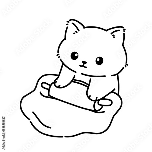 Cute kitten kneading dough in bread, cartoon line art outline illustration.