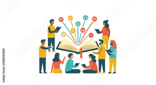 People reading book surrounded by icons representing knowledge and education