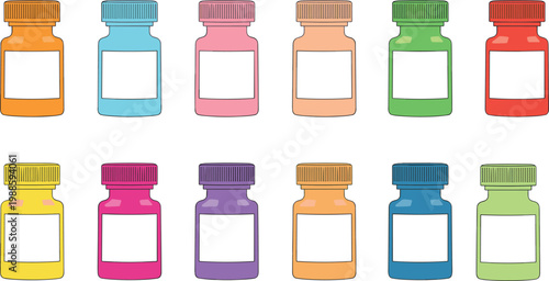 Vector illustration of colorful bottles with blank labels arranged in grid for product design