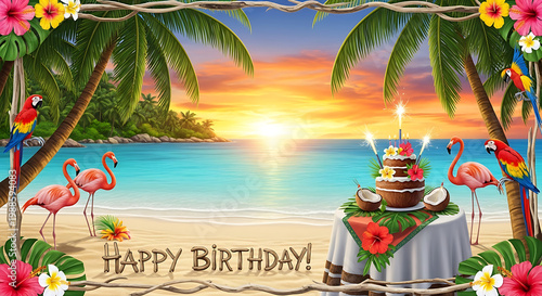 HAPPY BIRTHDAY Greeting Card of beach background.
