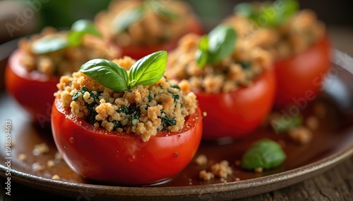 Round red tomatoes stuffed with quinoa, spinach, and parmesan mixture. Topped with breadcrumbs and fresh basil leaves. Served on a rustic ceramic dish, close-up view.