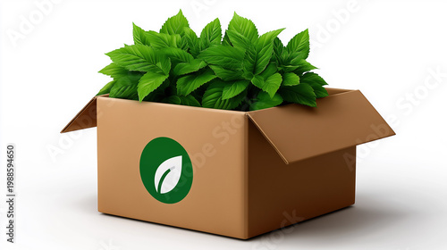 Eco friendly cardboard box filled with fresh green leaves symbolizing sustainable packaging green business and environmental responsibility concept