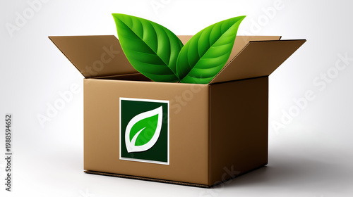 Open cardboard box with large green leaves and eco symbol representing sustainable packaging and environmentally friendly product delivery concept