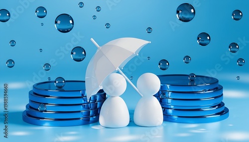 3d render of two abstract white figures standing under a white umbrella protected from falling blue glass spheres or rain drops, concept of financial protection, insurance, and safety